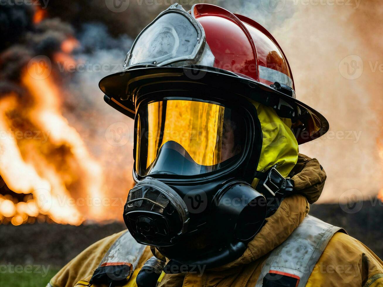 foto do bombeiro com grande fogo nuvem e fumaça dentro fundo, generativo ai