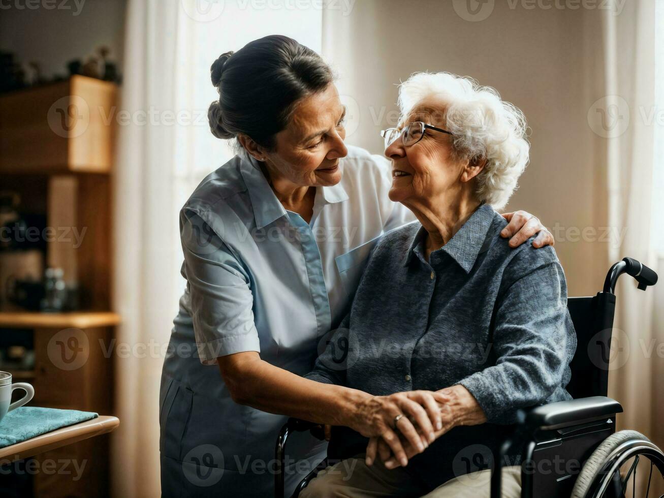 foto do mulher levar Cuidado Senior mulher às lar, generativo ai