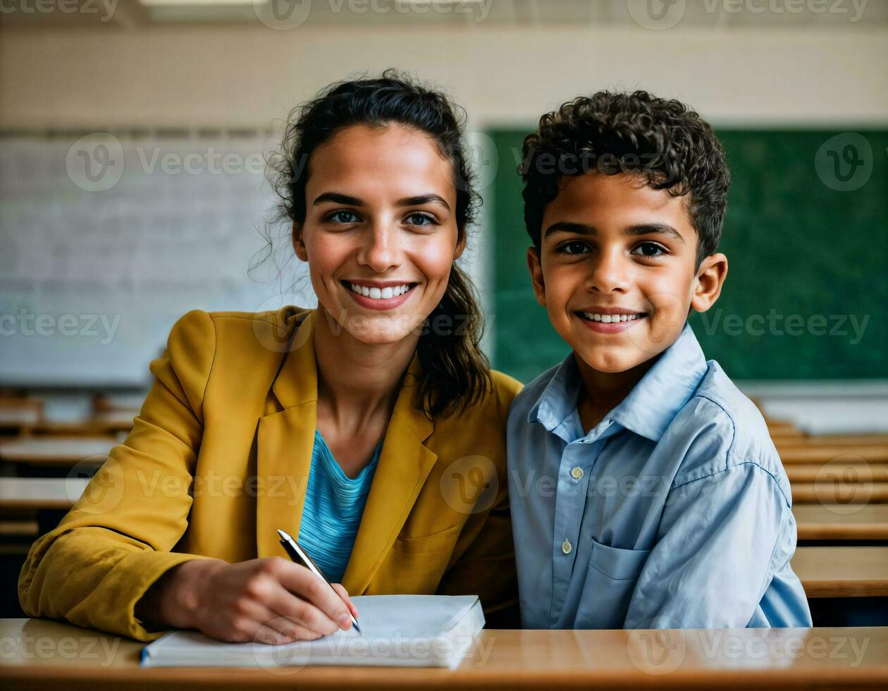 foto do feliz professor e crianças às escola sala, generativo ai