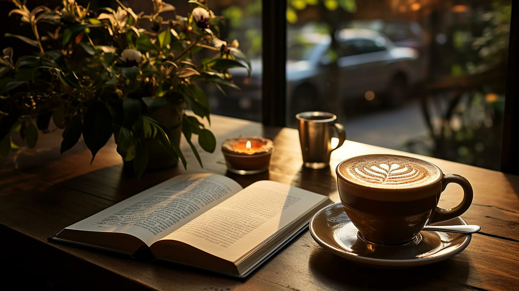 uma copo do café com livro e caneta em a de madeira mesa ai gerado foto