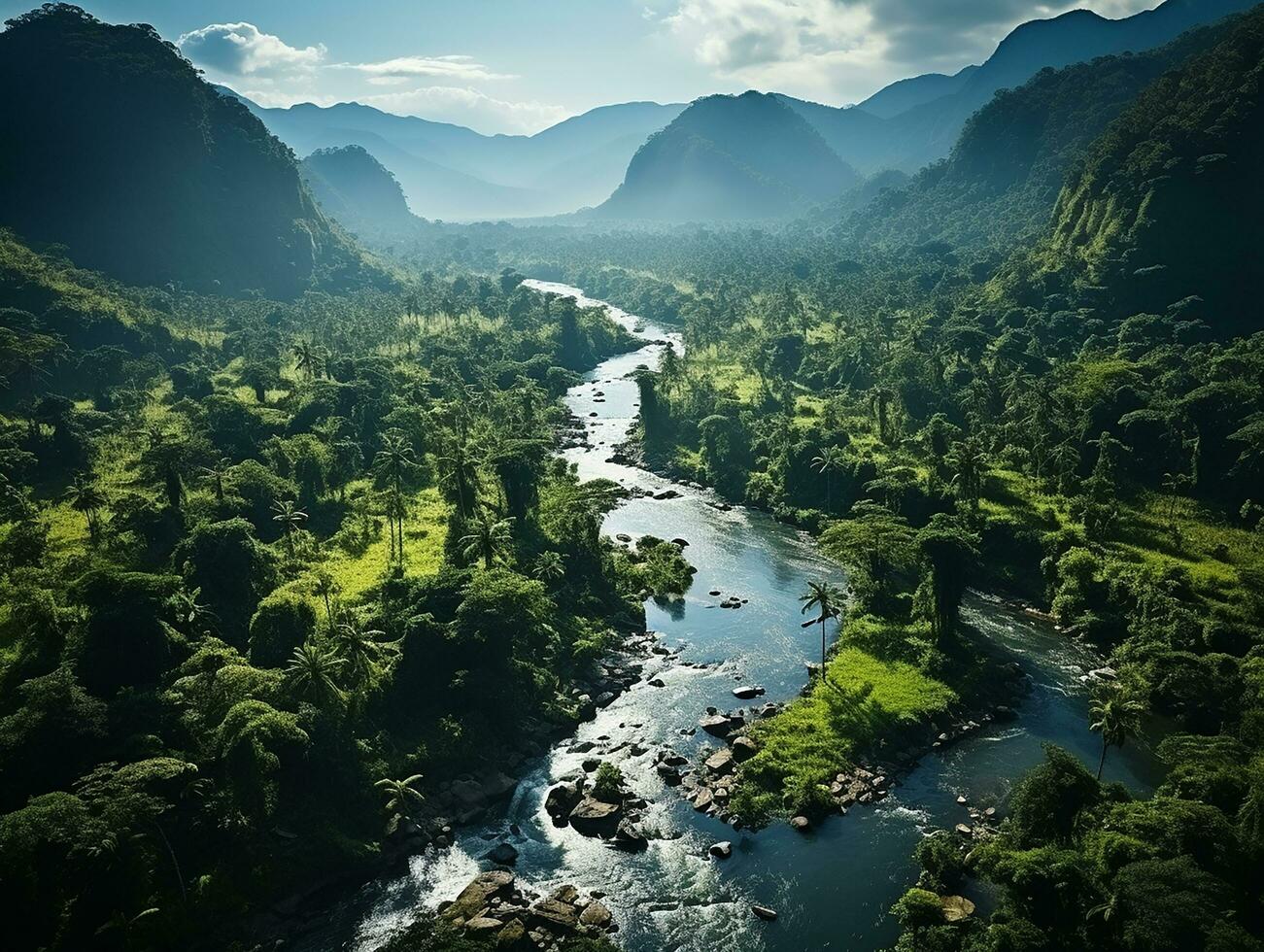 aéreo Visão do chuva floresta às a luz do dia ai generativo foto