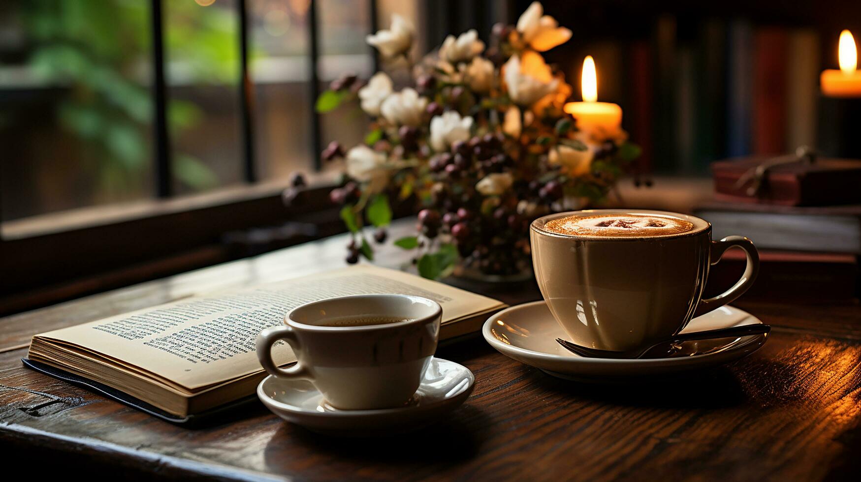 uma copo do café com livro e caneta em a de madeira mesa ai gerado foto