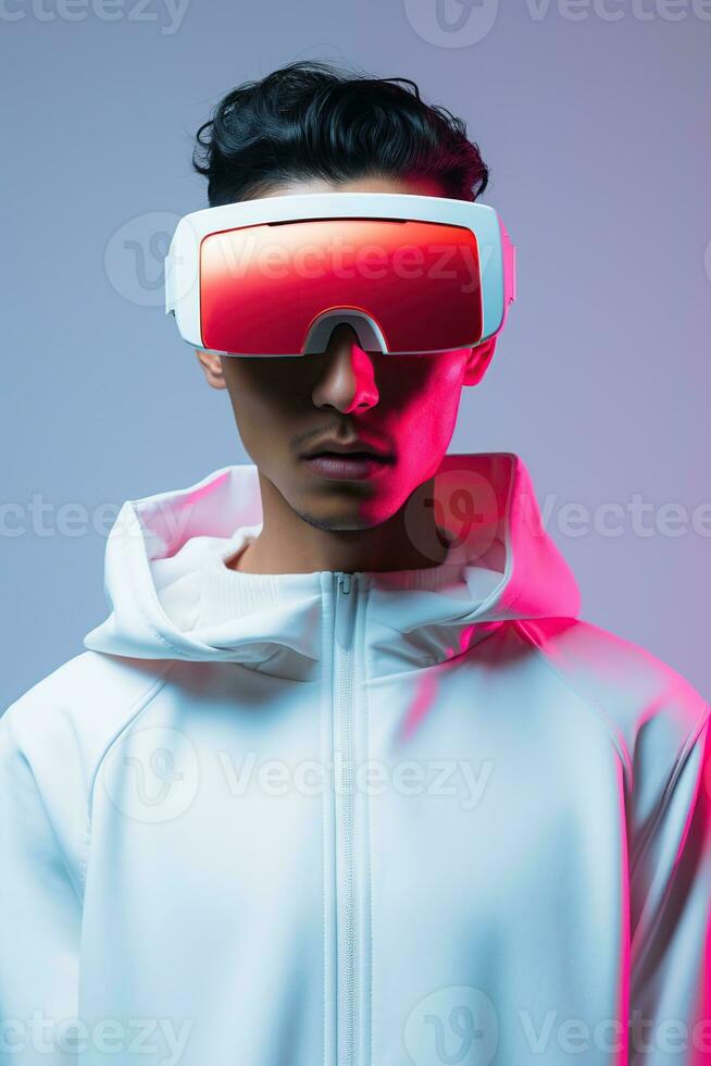 ilustração do uma moda retrato vestindo uma virtual realidade vr fone de ouvido. ai gerado. foto