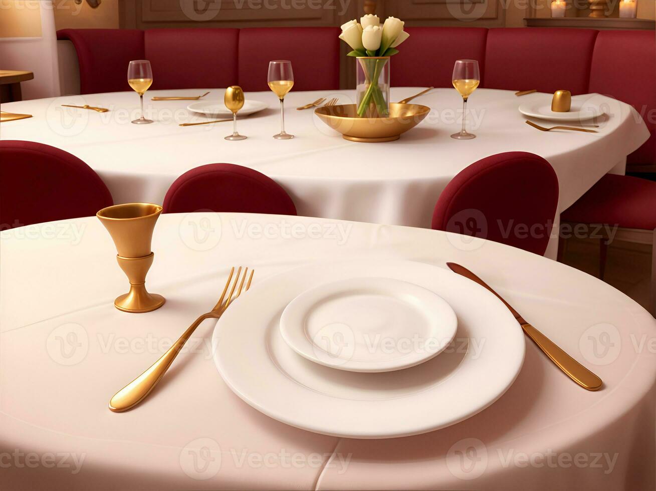 modelo esvaziar prato dentro caro luxo restaurante. talheres servindo brincar, cópia de espaço. foto