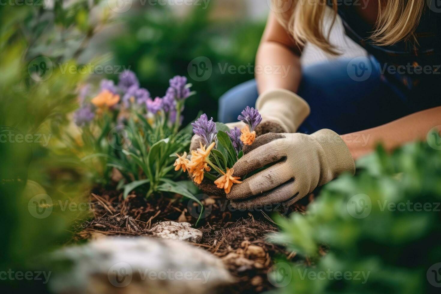 fotografia do uma mulher dentro jardim luvas plantio flores para crescer flores dentro dela jardim. generativo ai foto