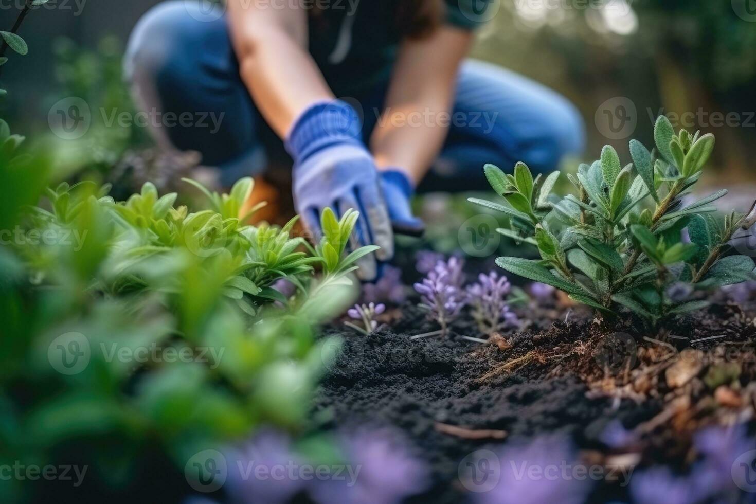 fotografia do uma mulher dentro jardim luvas plantio flores para crescer flores dentro dela jardim. generativo ai foto