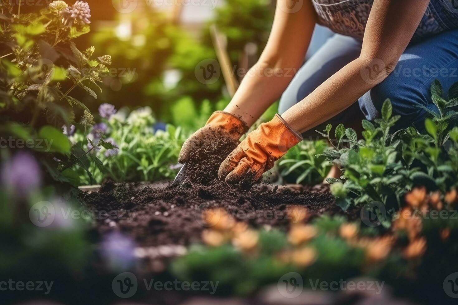 fotografia do uma mulher dentro jardim luvas plantio flores para crescer flores dentro dela jardim. generativo ai foto