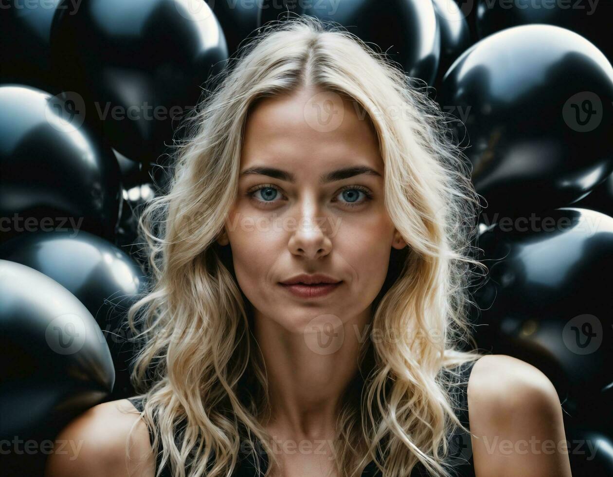 foto do lindo europeu mulher com Loiras cabelo cor dentro Preto e branco balões dentro fundo, generativo ai