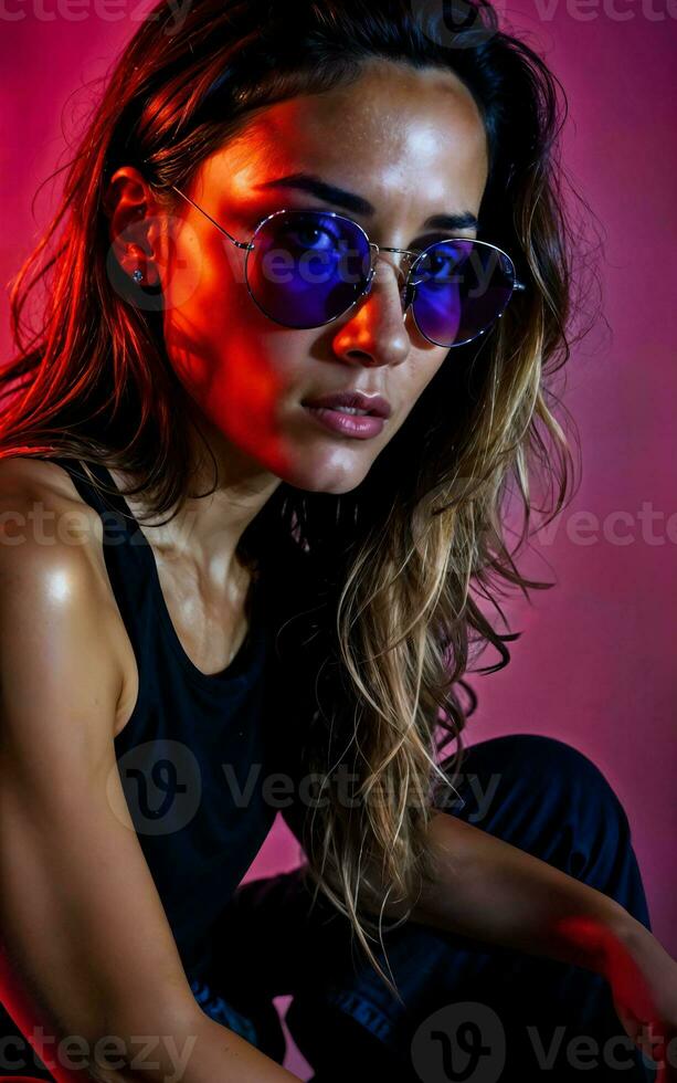 foto do lindo mulher com vermelho e Rosa iluminação e pano de fundo , generativo ai