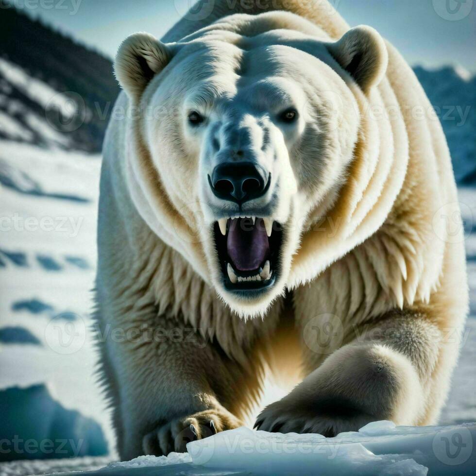 foto do grande Bravo polar Urso corrida dentro a neve, generativo ai