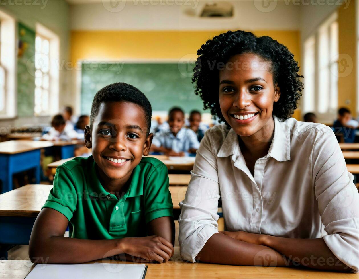 foto do feliz professor e crianças às escola sala, generativo ai