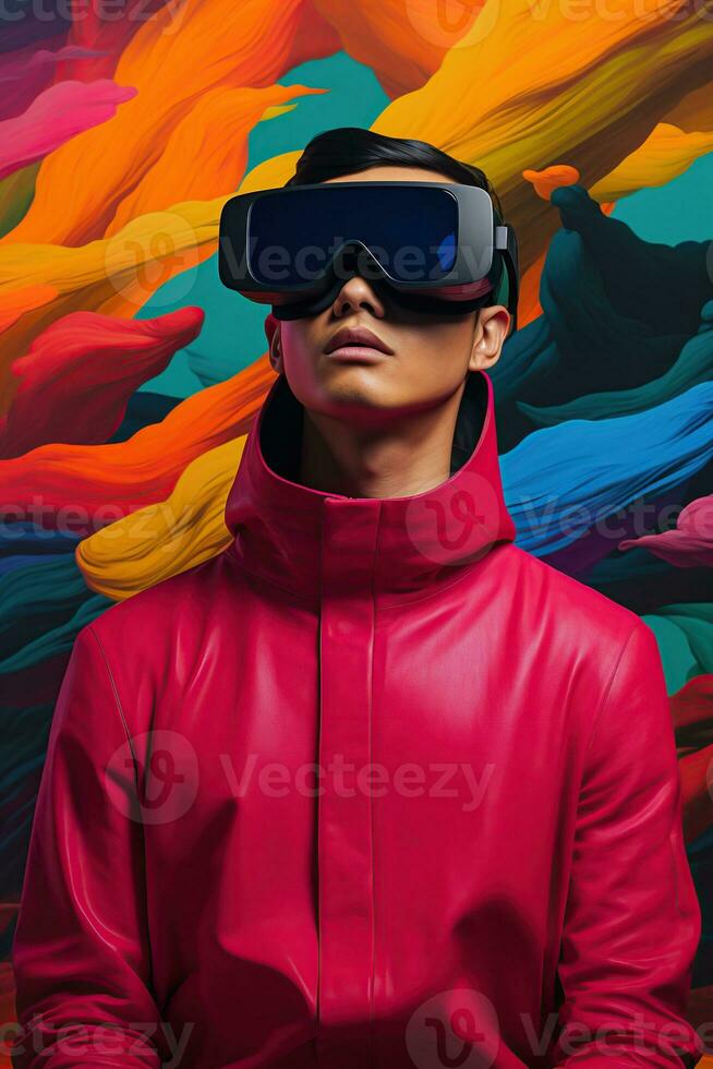 ilustração do uma moda retrato vestindo uma virtual realidade vr fone de ouvido. ai gerado. foto