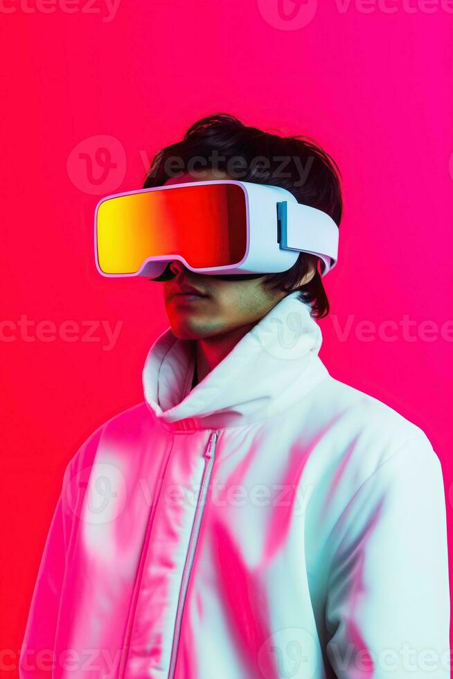 ilustração do uma moda retrato vestindo uma virtual realidade vr fone de ouvido. ai gerado. foto