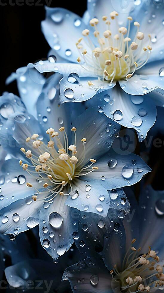 fechar acima do azul flores com gotas do água em Sombrio fundo. lindo macro foto. colorida flores generativo ai foto