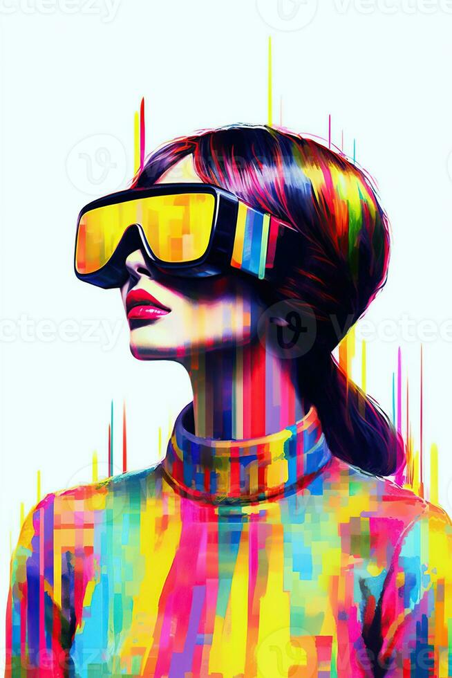 ilustração do uma moda retrato vestindo uma virtual realidade vr fone de ouvido.,, ai gerado. foto