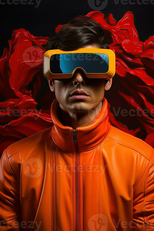 ilustração do uma moda retrato vestindo uma virtual realidade vr fone de ouvido. ai gerado. foto