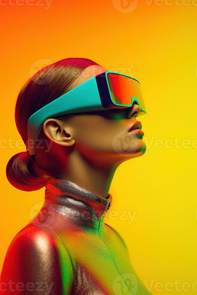 ilustração do uma moda retrato vestindo uma virtual realidade vr fone de ouvido.,, ai gerado. foto