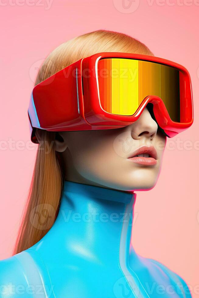 ilustração do uma moda retrato vestindo uma virtual realidade vr fone de ouvido.,, ai gerado. foto