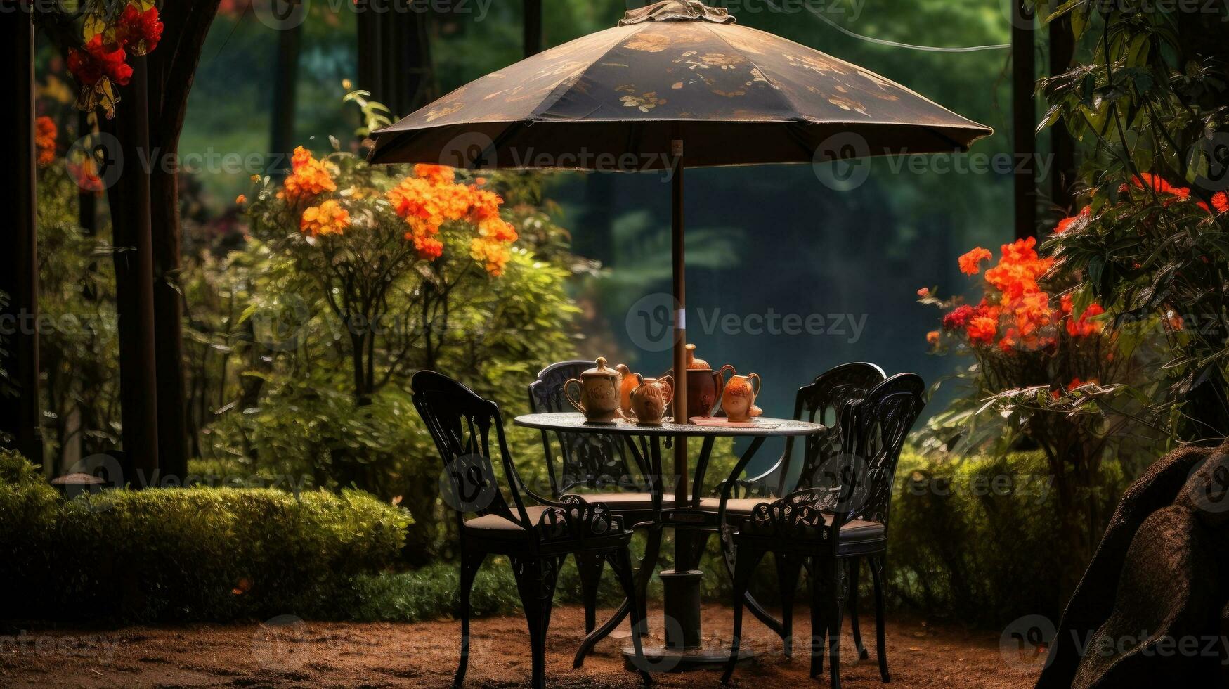 cafeteria mesa com cadeira e sombrinha guarda-chuva dentro a jardim foto