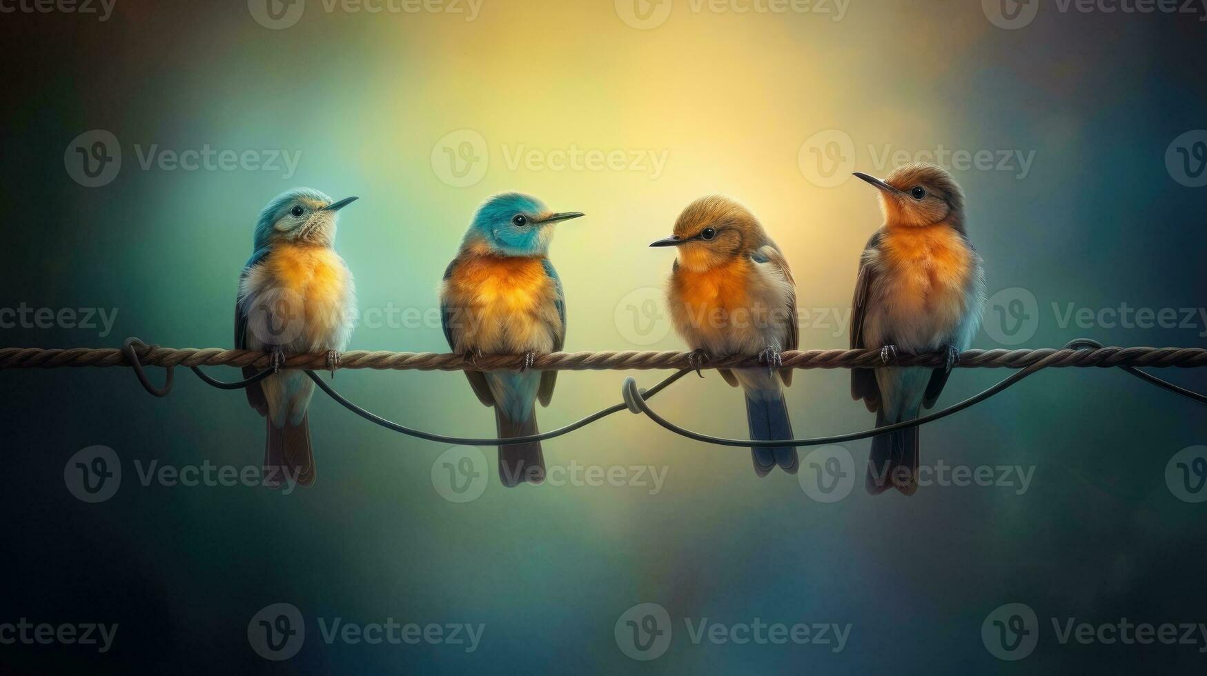 quatro pássaros sentado em fio foto
