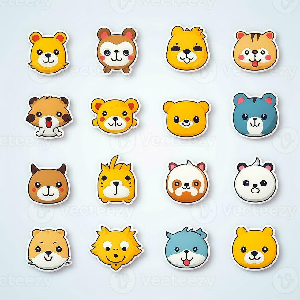 conjunto do animal rostos, face emojis, adesivos, emoticons, desenhos animados engraçado mascote personagens face definir, generativo ai ilustração foto