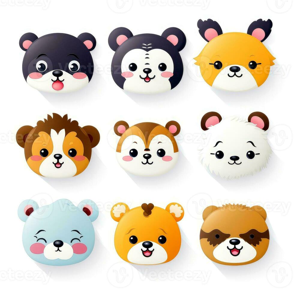 conjunto do animal rostos, face emojis, adesivos, emoticons, desenhos animados engraçado mascote personagens face definir, generativo ai ilustração foto