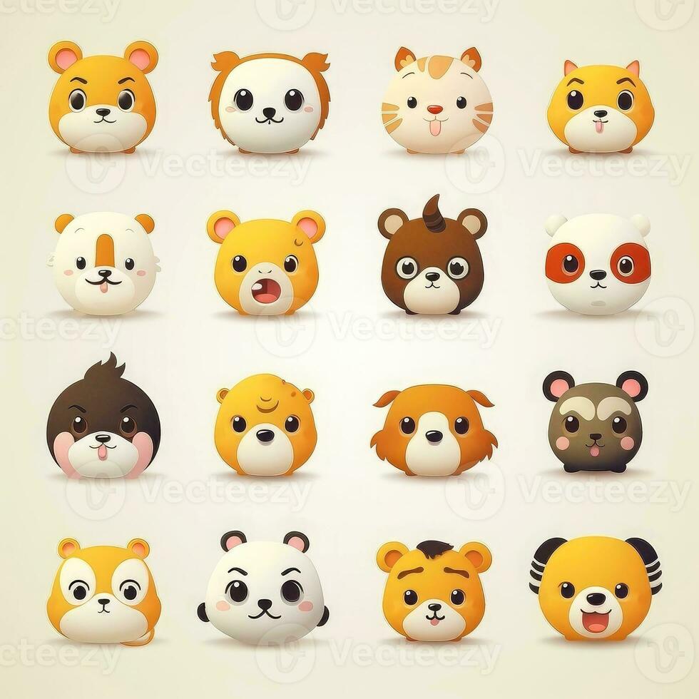 conjunto do animal rostos, face emojis, adesivos, emoticons, desenhos animados engraçado mascote personagens face definir, generativo ai ilustração foto