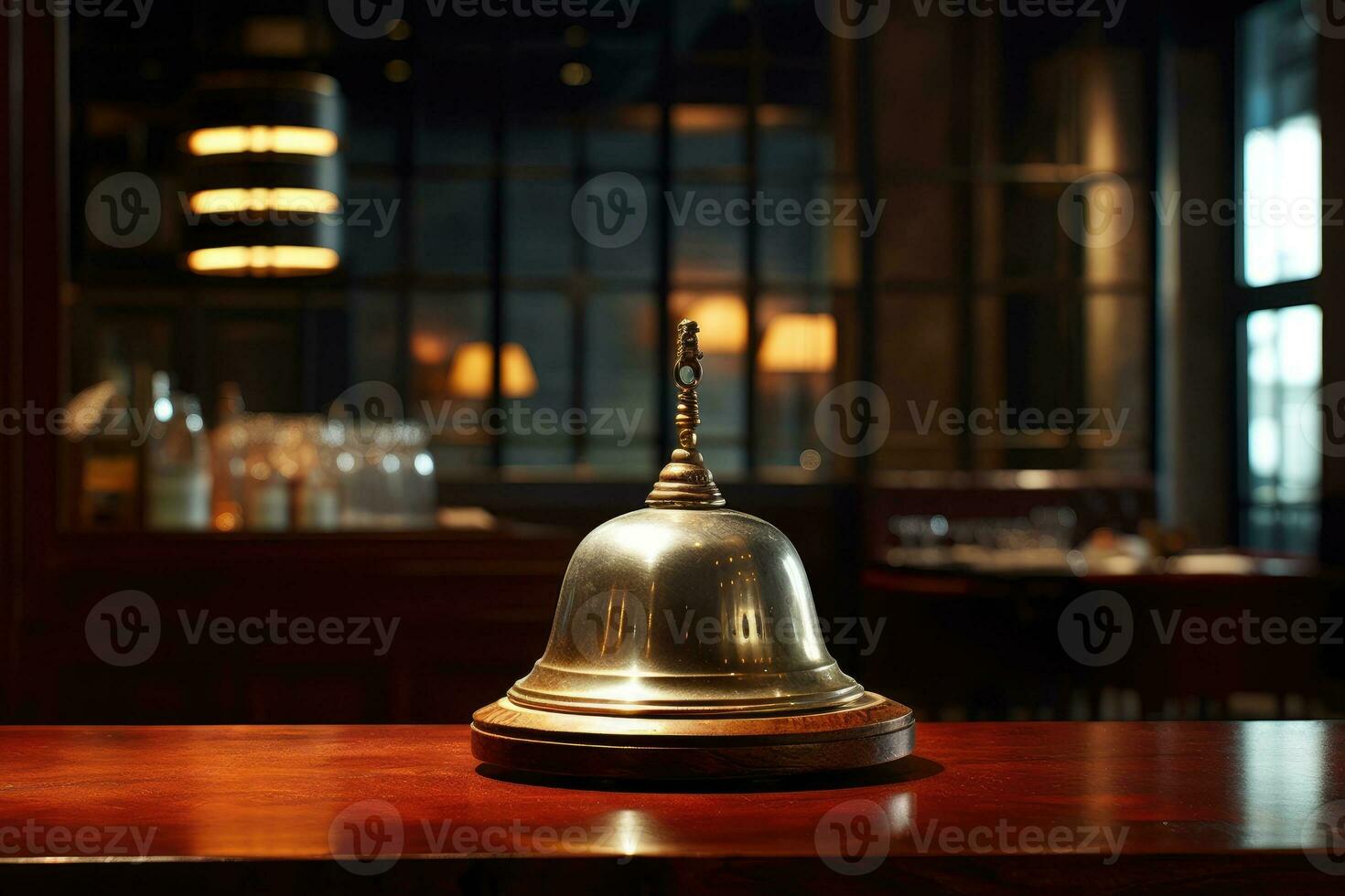 hotel anel Sino em contador escrivaninha às frente recepção. foto