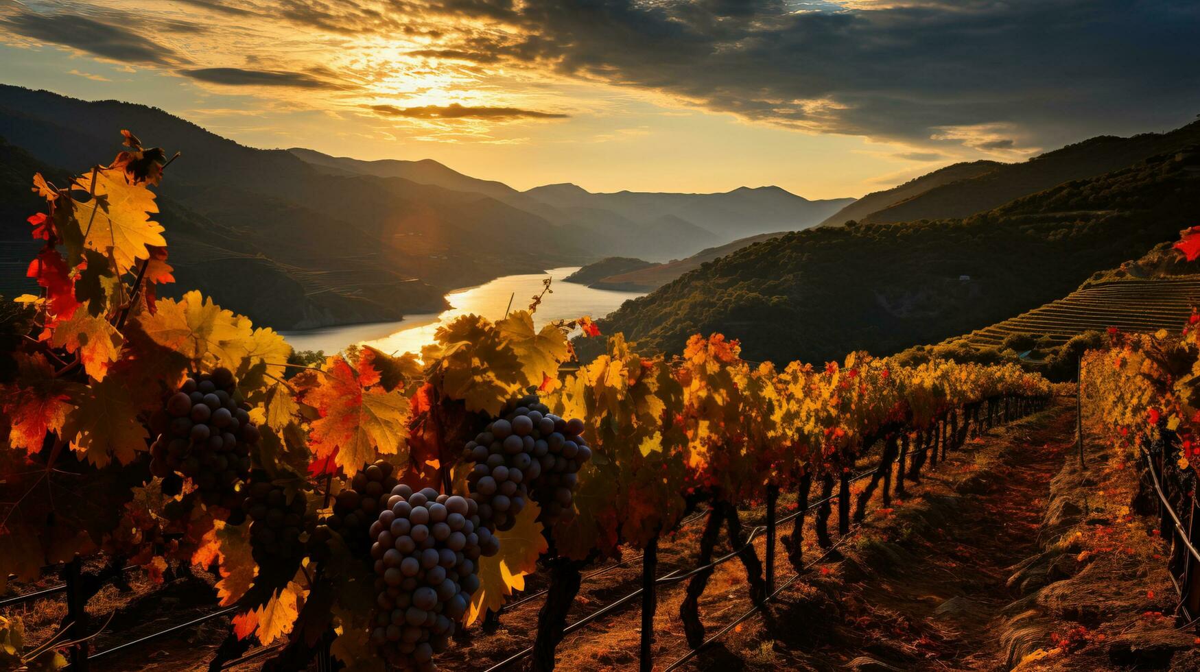 naturezas tela de pintura em chamas com caloroso matizes Como vinhas dentro outono mostruário seus rico colheita convidativo uma festa para a sentidos foto