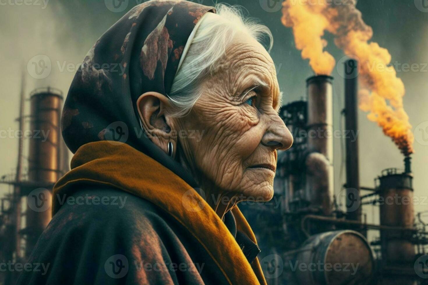 ilustração do uma velho mulher em pé olhando às tóxico vapores a partir de uma petroquímico refinaria às nascer do sol. generativo ai. foto