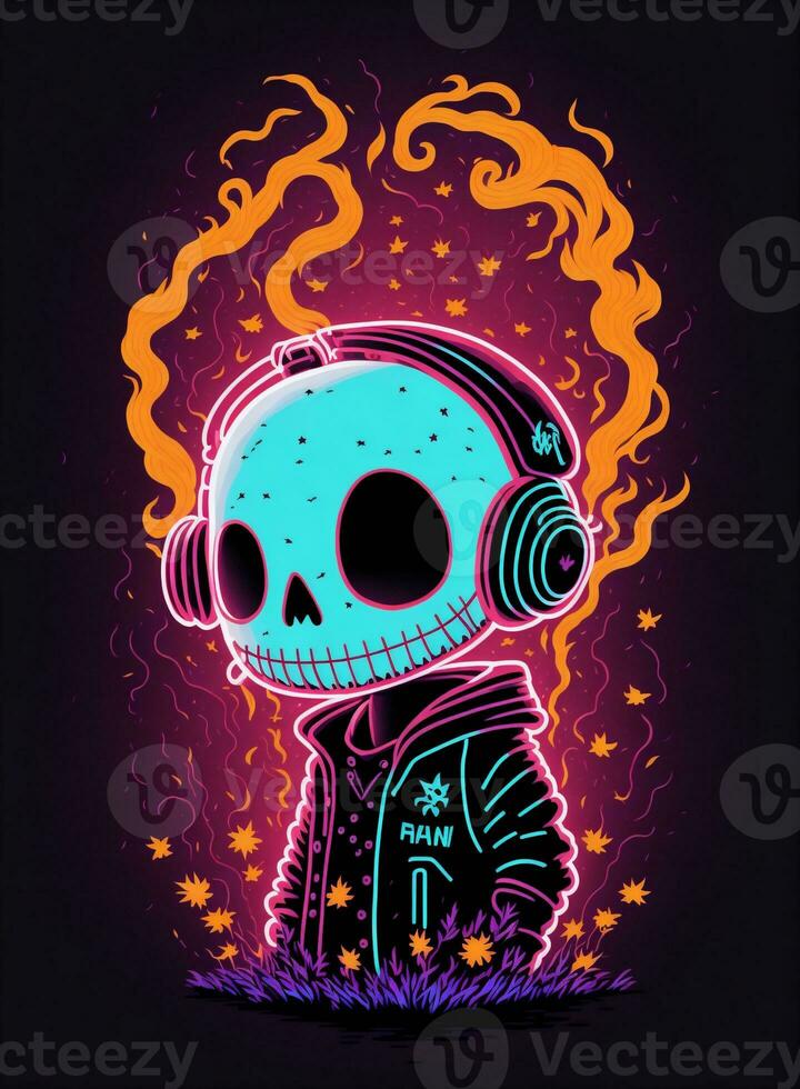 esqueleto ouvindo para música em Sombrio fundo laser gráficos para dia das Bruxas foto