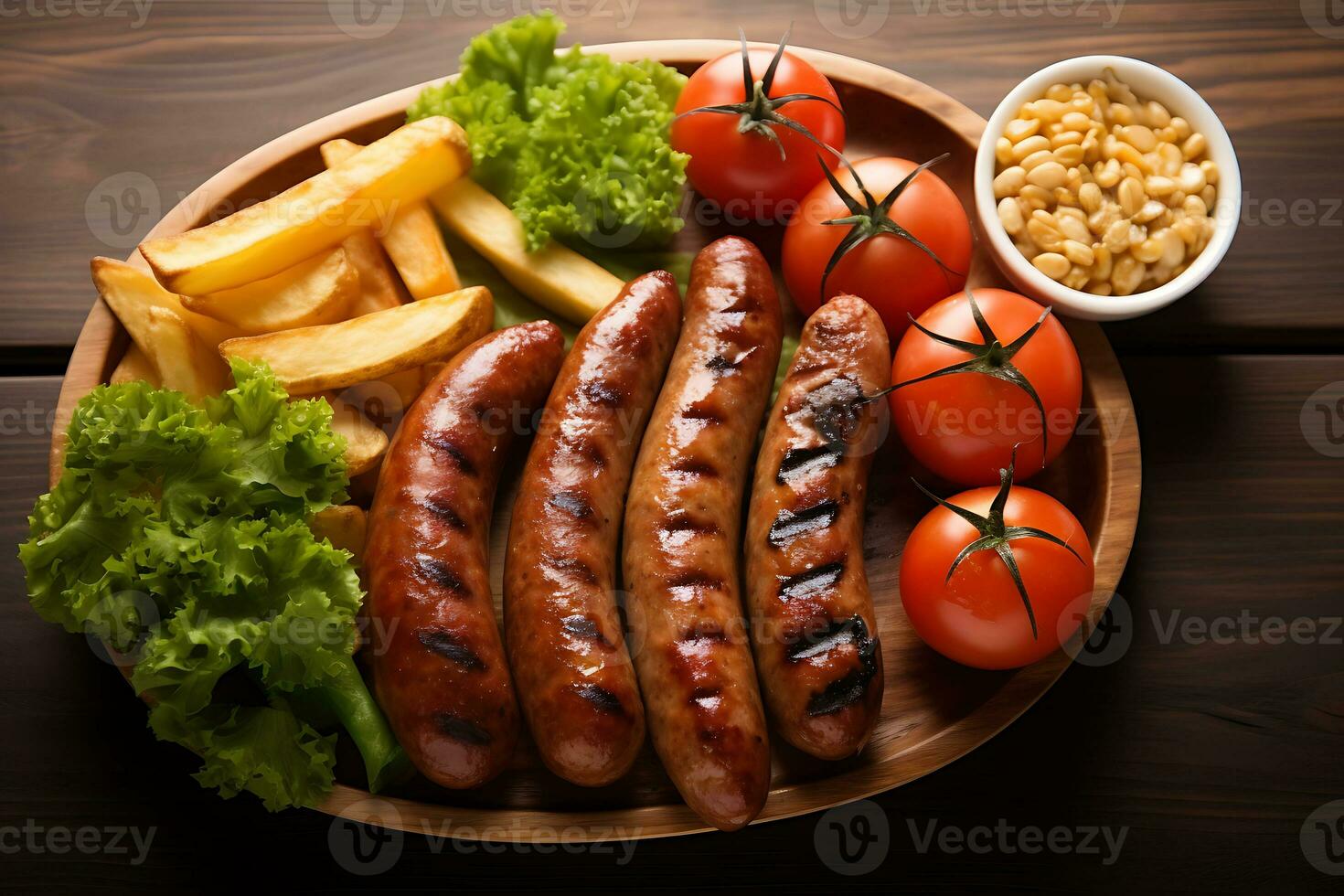 grelhado linguiça e legumes com francês fritas em de madeira fundo foto