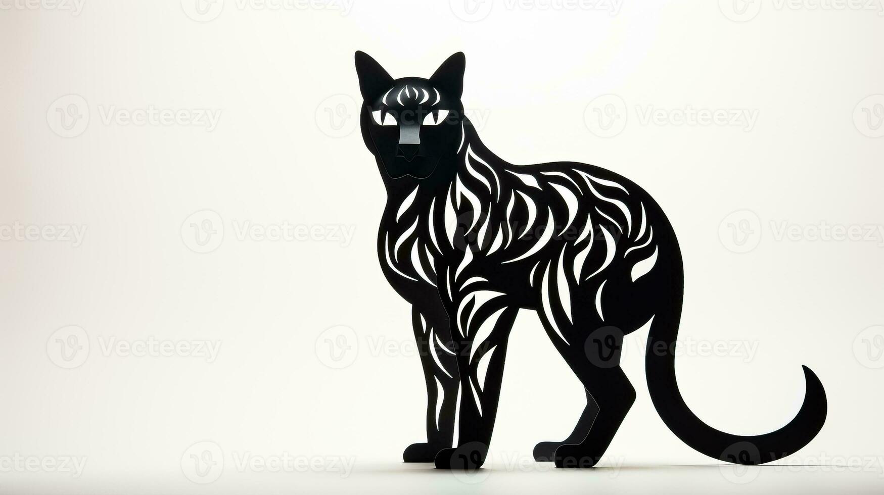 uma assustador Preto gato silhueta fez a partir de papel recortes fundição estranho sombras contra uma branco fundo foto