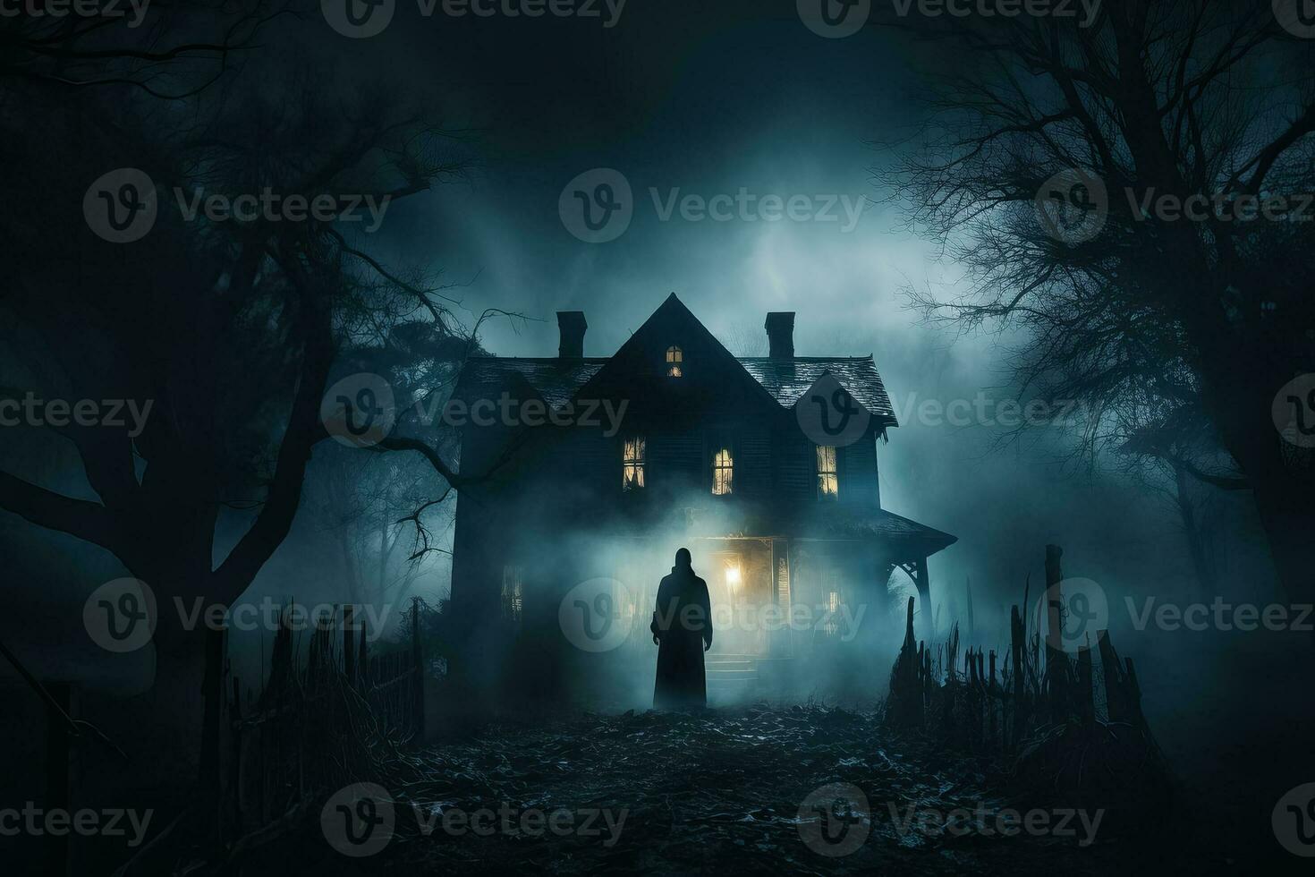 uma assustador assombrada casa com brilhando janelas e uma espectral figura à espreita dentro a sombrio canto foto