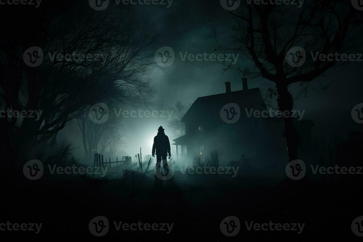 uma misterioso silhueta do uma assombrada casa engolido dentro a estranho névoa espera bravo almas em fantasma passeios foto