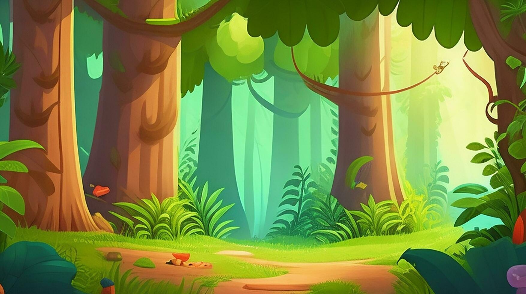 denso floresta desenho animado ilustração fundo ai gerado foto