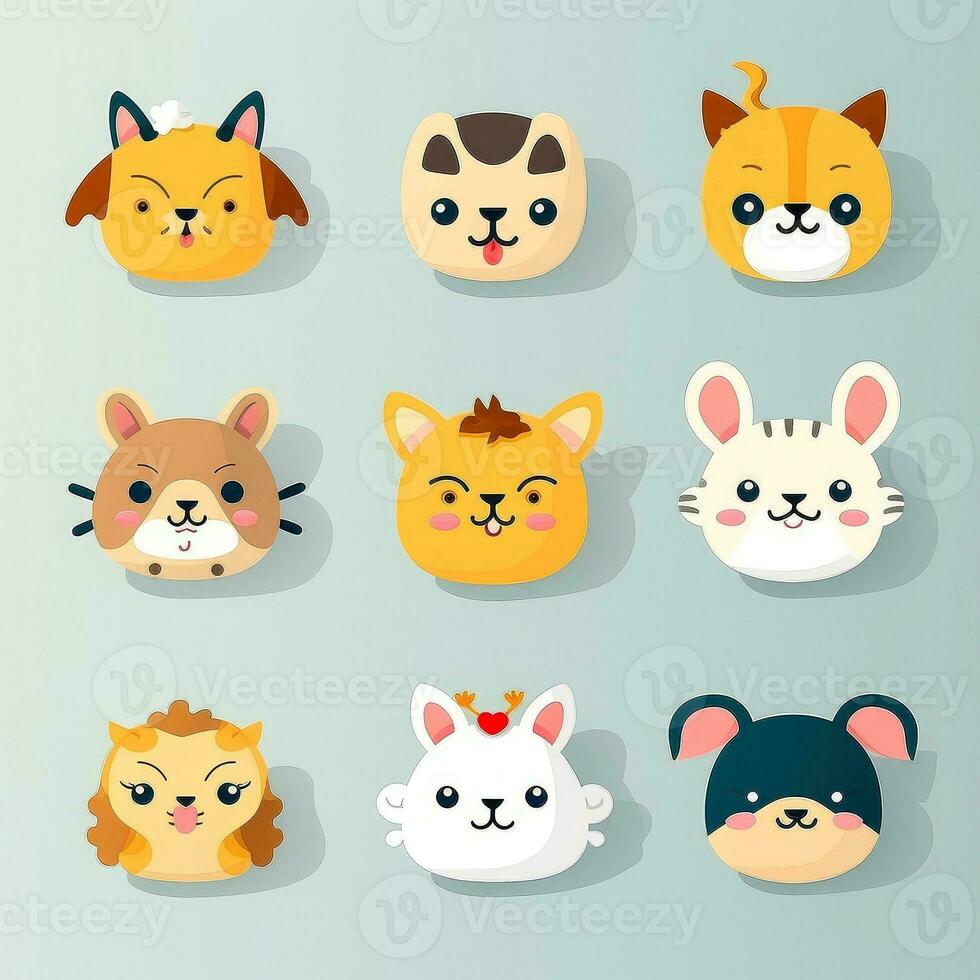 conjunto do animal rostos, face emojis, adesivos, emoticons, desenhos animados engraçado mascote personagens face definir, generativo ai ilustração foto