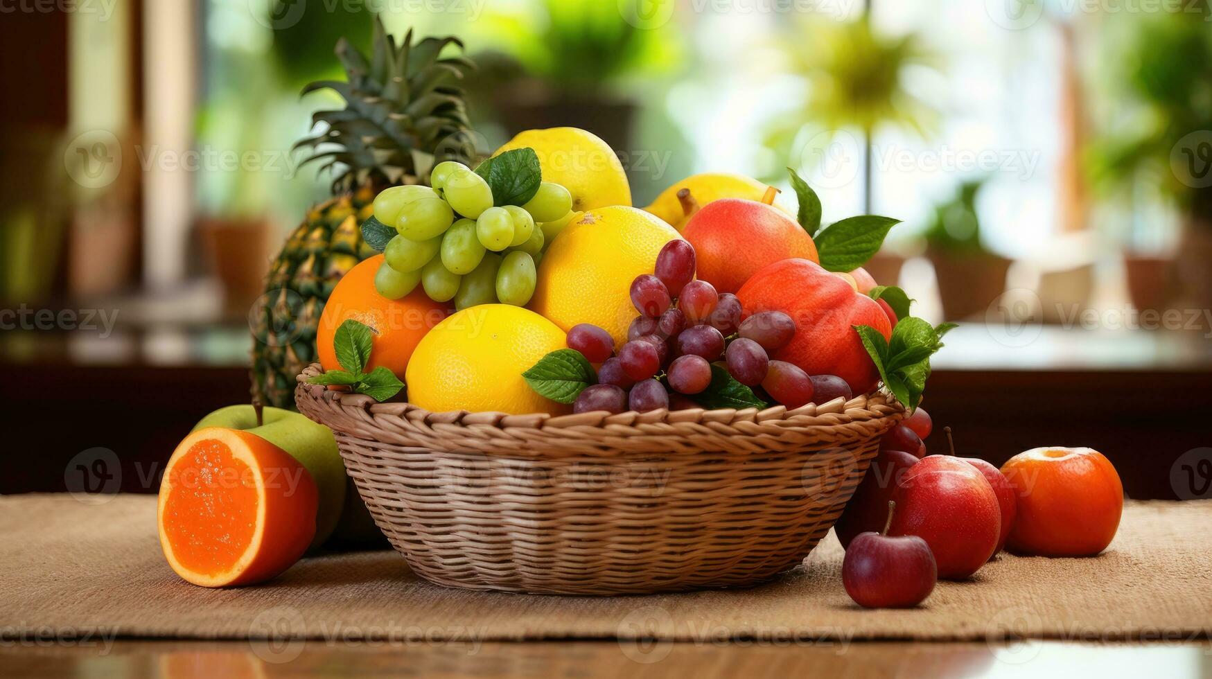 frutas dentro uma cesta em a mesa, fechar-se. foto