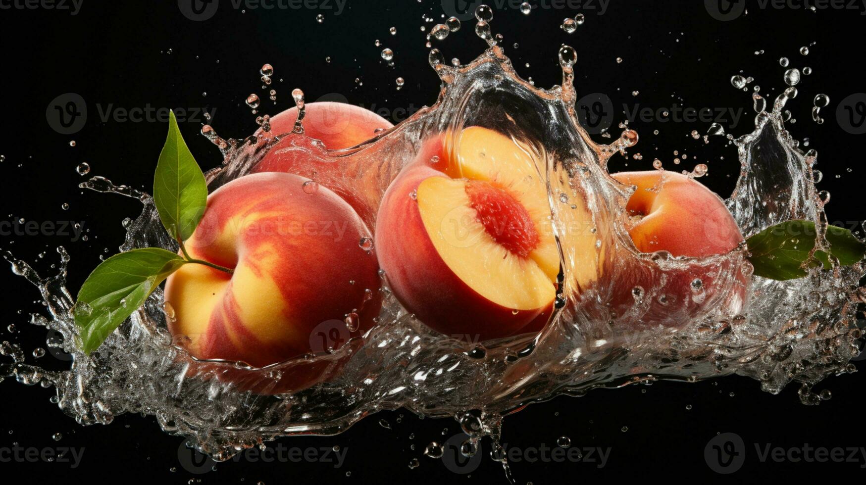 fresco suculento pêssego fruta com água respingo isolado em fundo, saudável fruta foto