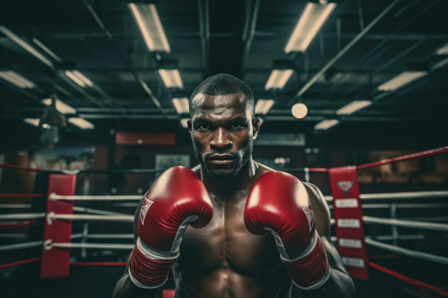 profissional boxer posando com dele luvas em dentro a boxe anel foto