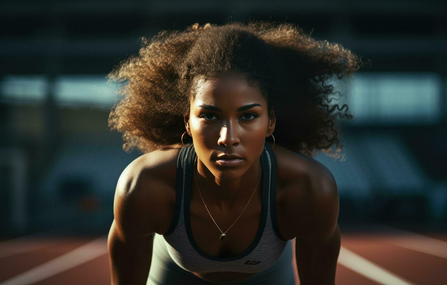 mulher alongamento exercício dentro atletismo em rastrear foto