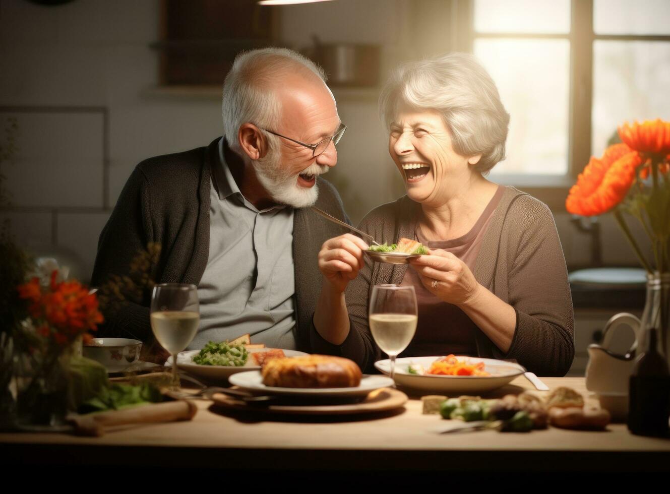 velho casal cozinhando às a cozinha foto