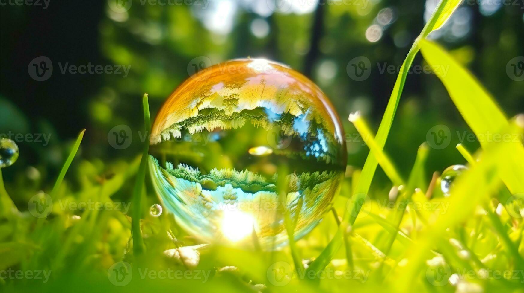 cristal água em concorda Relva bola uma mágico e sonhadores Visão do a mundo por aí nos durante manhã ai generativo ai generativo foto