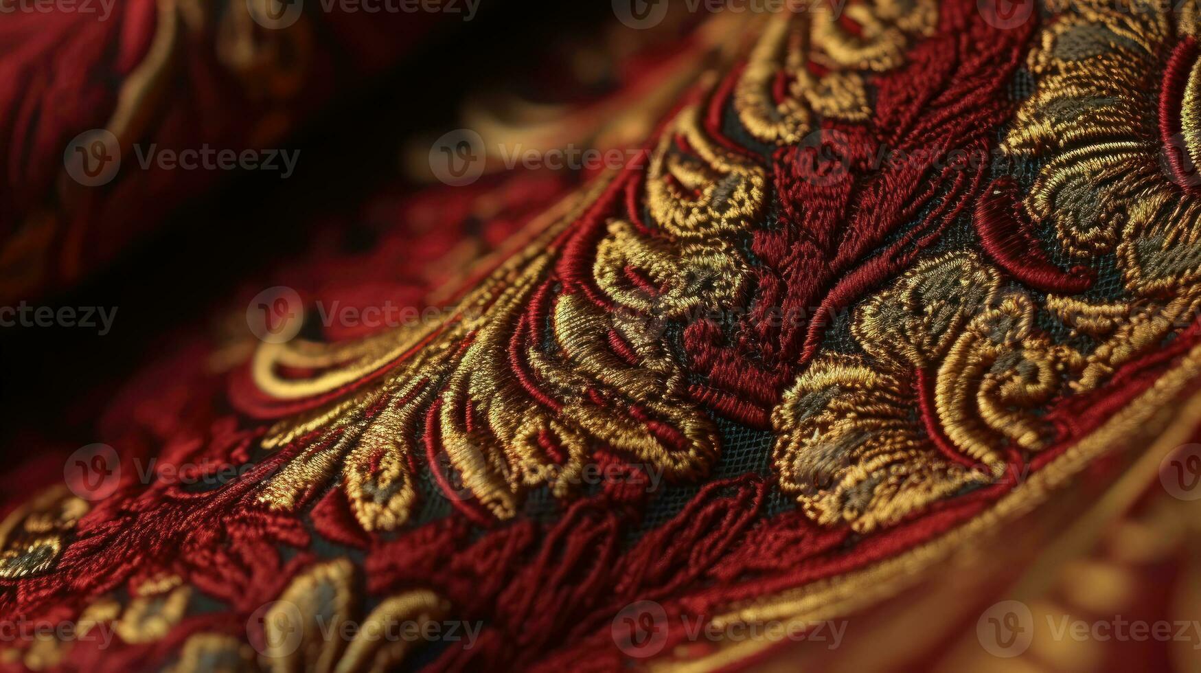 vintage decoração do uma vermelho e ouro damasco tecido uma coberto e guardada imagem do uma lindo e colorida material com a arabesco padronizar e uma brilhante efeito ai generativo foto