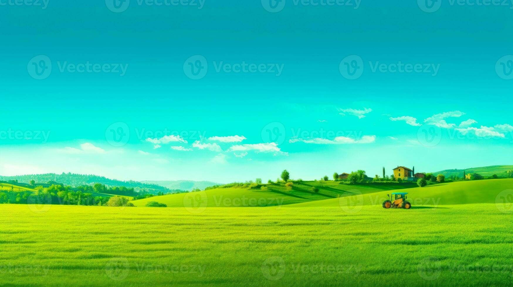 agricultura em uma ensolarado dia uma vibrante e natural cenário com uma pequeno casa e uma azul céu ai gerado foto
