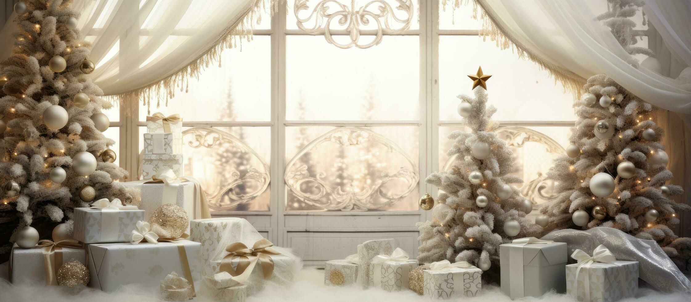 festivo interior adornado com Natal decorações Incluindo uma decorado árvore e apresenta com espaço para escrevendo foto