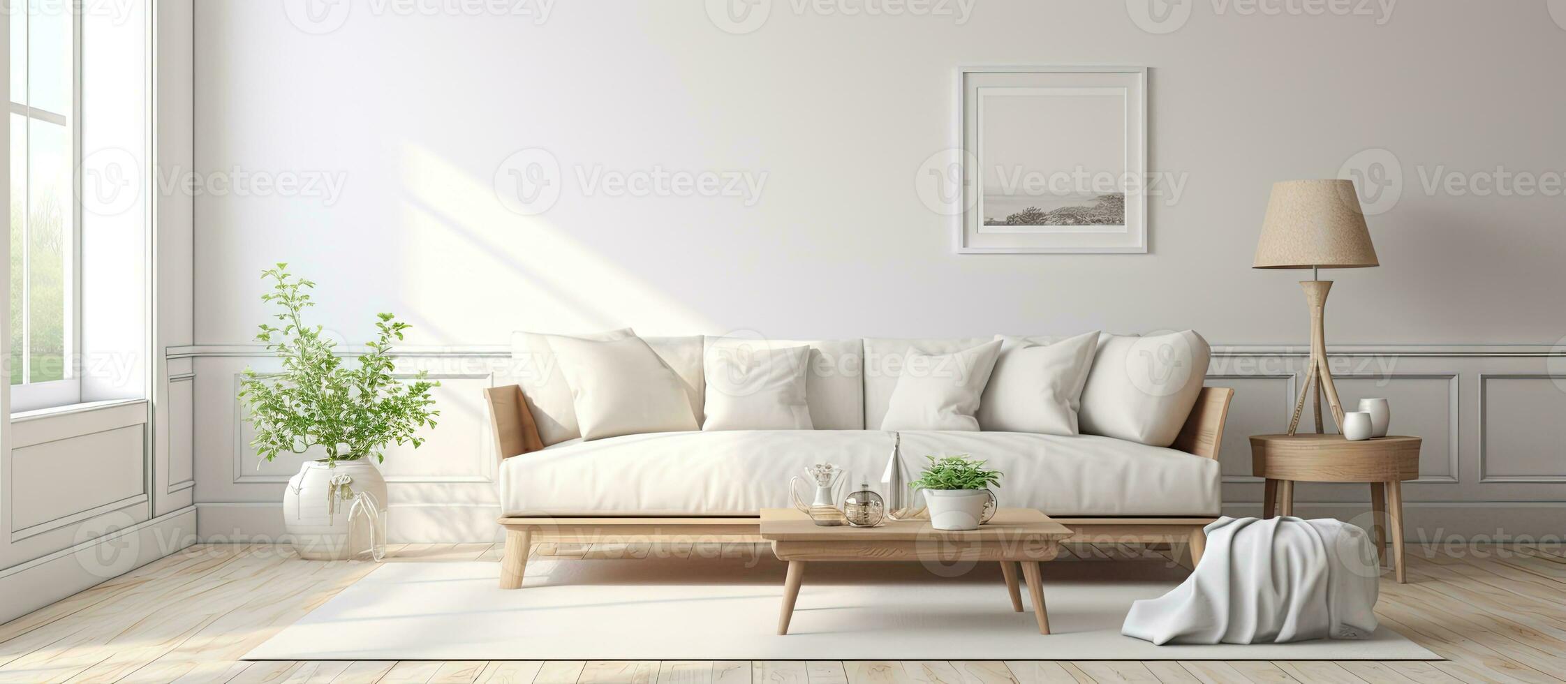 moderno residência com rendido espaçoso vivo quarto completo com sofá chá mesa decorativo pintura etc foto