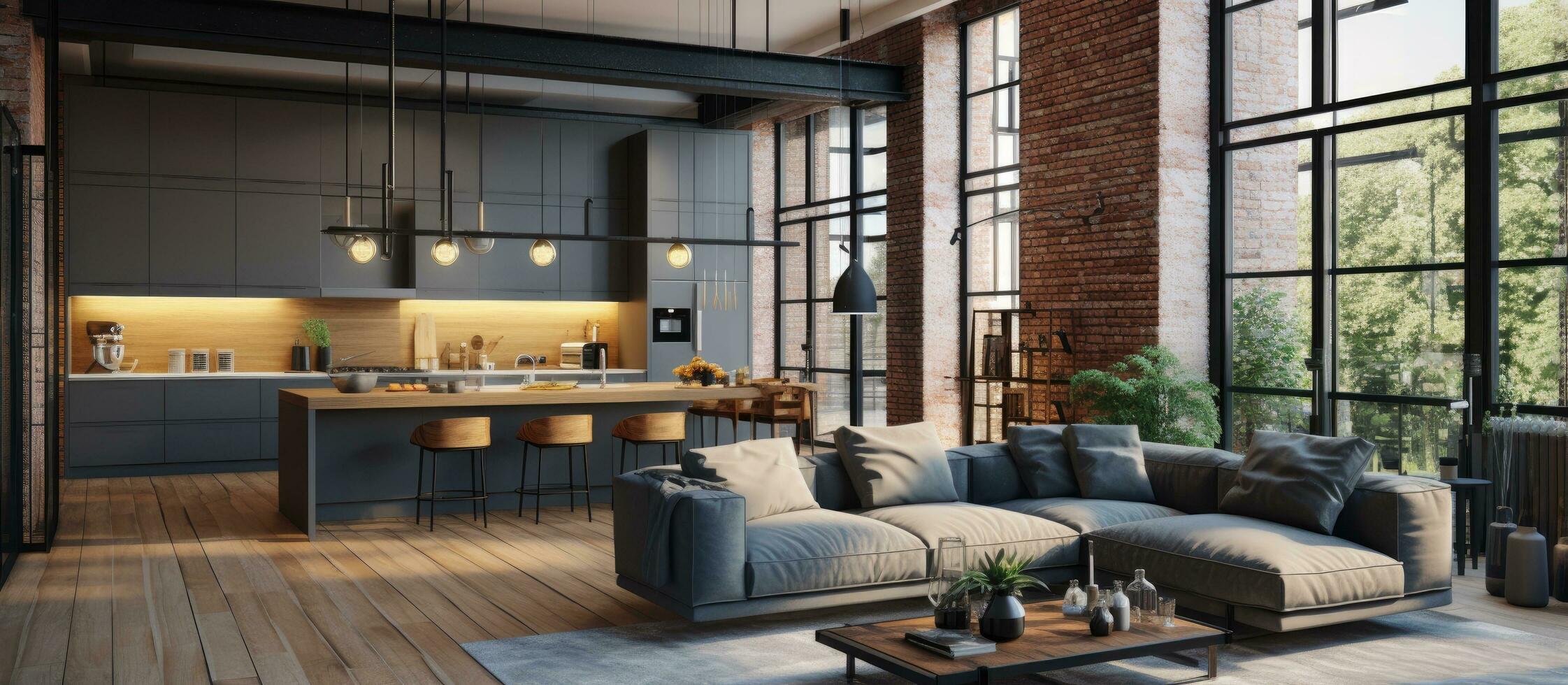 contemporâneo loft apartamento com aberto plano vivo cozinha e Alto teto foto