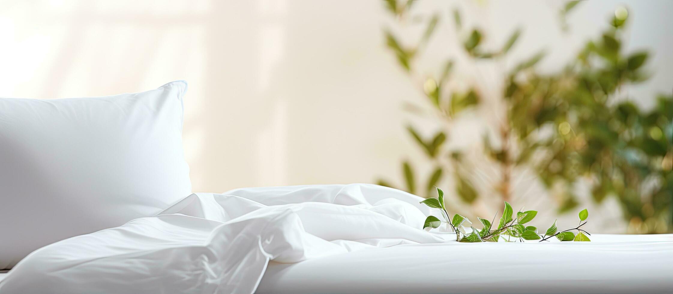 moderno branco cama e travesseiro dentro a manhã ambiente foto