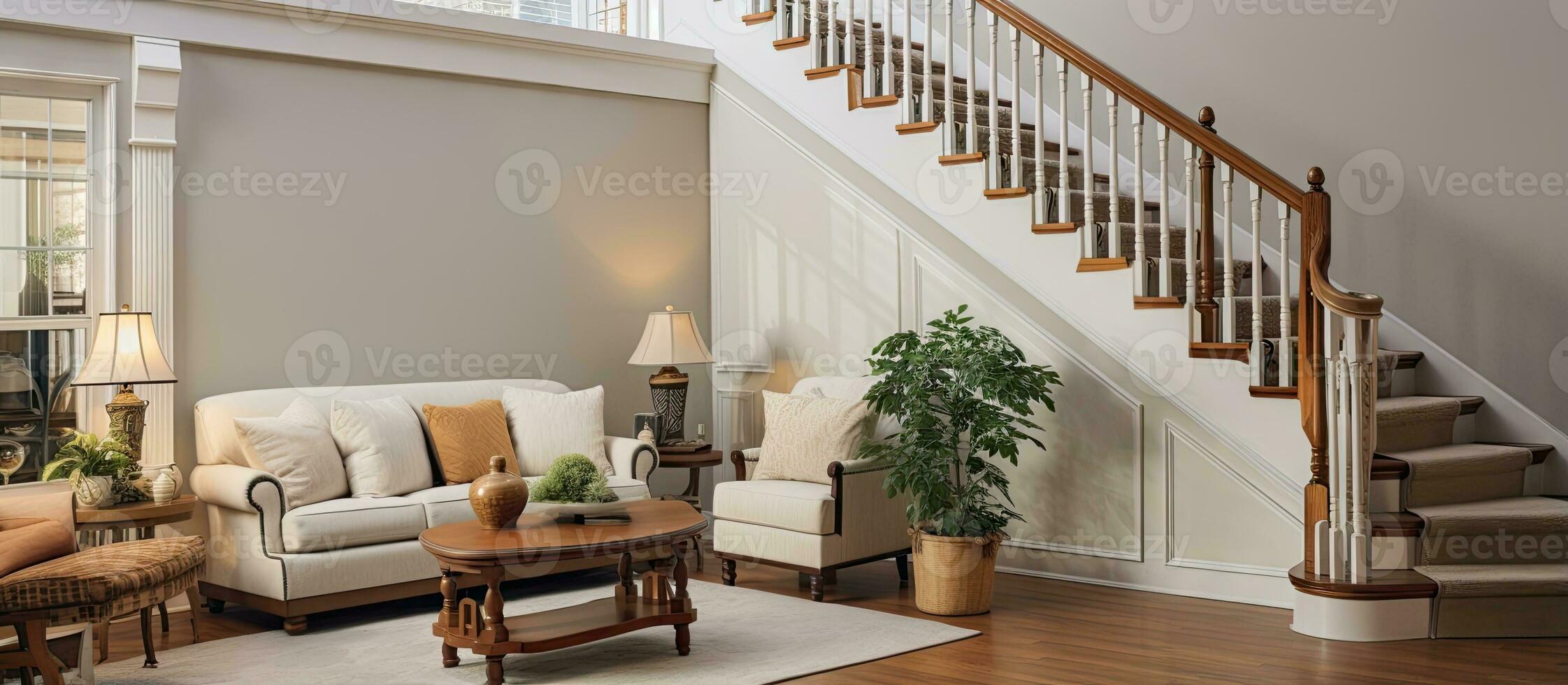 calorosamente decorado vivo quarto dentro uma encenado casa com Escadaria e mobília foto